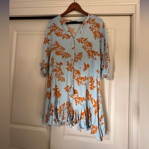 Aakaa Light Blue Mini Dress with Orange Floral Print Size S